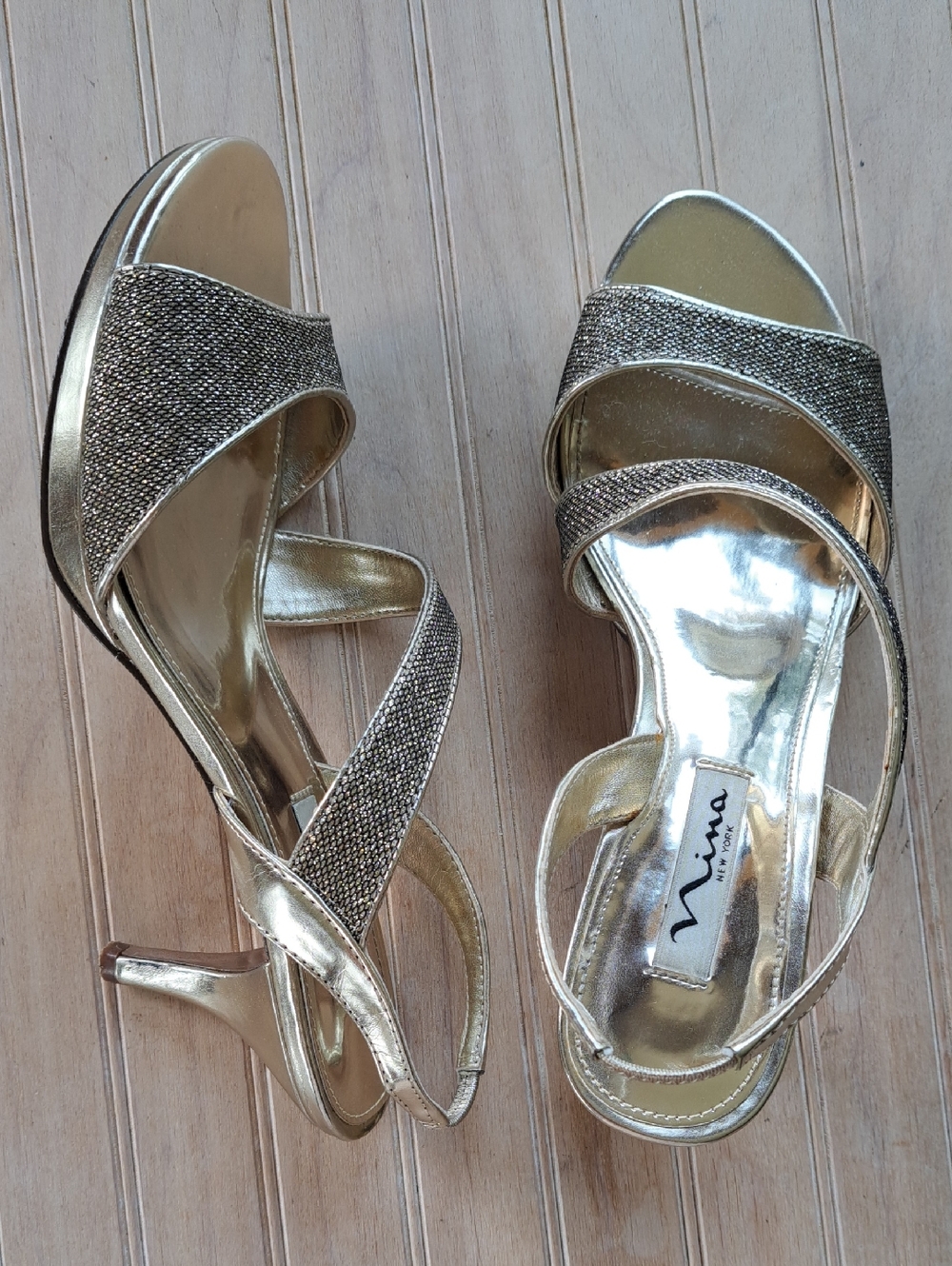 Nina Metallic Gold Crystal Rhinestone Strappy Slingback Heels Leather Sole